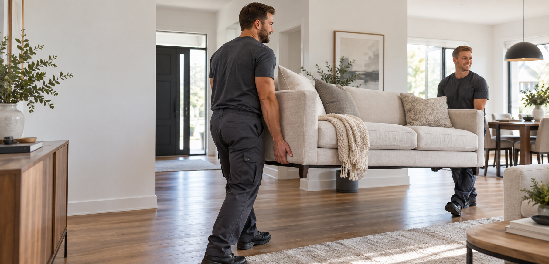 Professional movers carefully carrying a sofa through a bright home